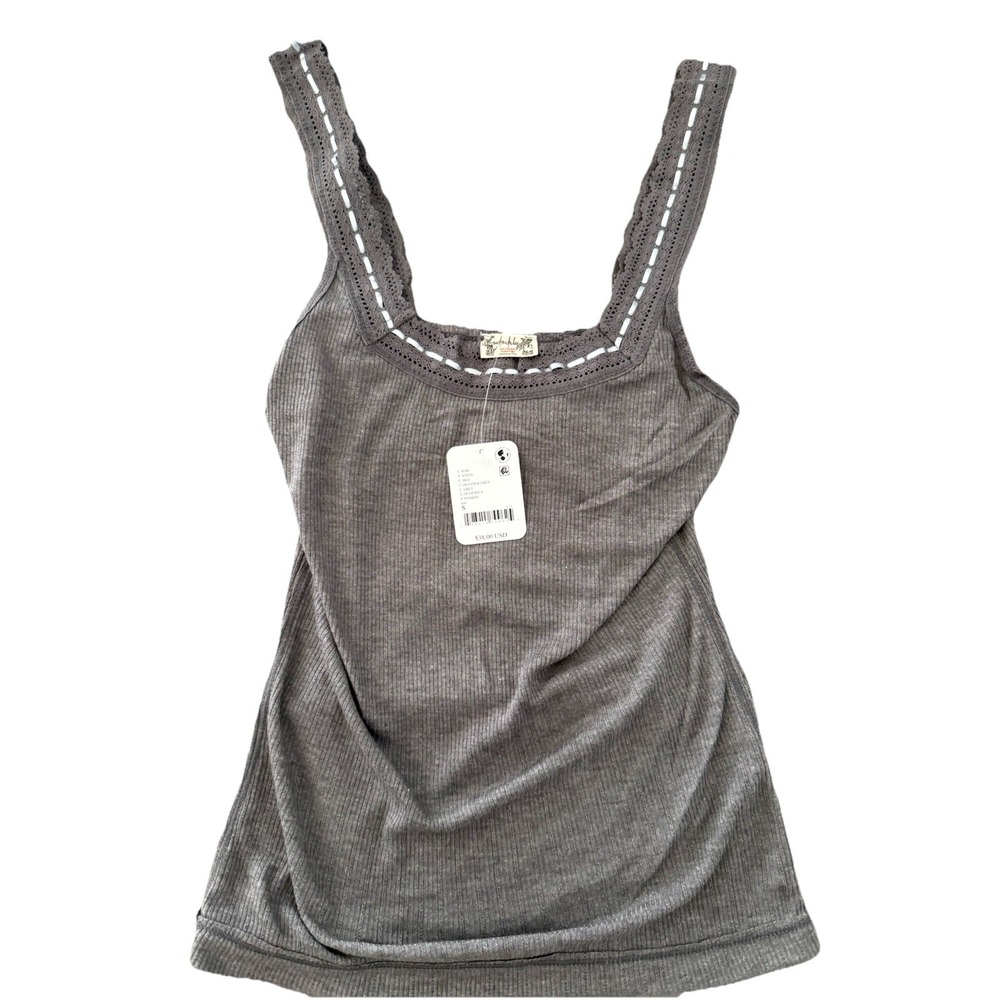 NWT Free People‎ Intimately Size Small Only You Gray Ribbed Ribbon Lace Tank Top